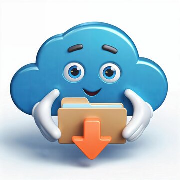 An antropomorphic cloud symbol. Cloud computing character. Database storage. File data transfer. Sharing. Big data information. Upload, backup, cloud drive. Archive. Data exchange. Generative AI
