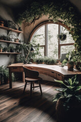 Obraz premium The interior of the workplace is surrounded by a lot of home plants. Eco-friendly. AI generating
