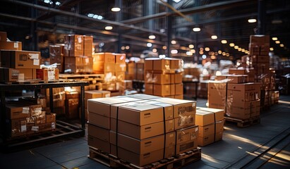 Warehouse full of cardboard boxes with merchandise to deliver.