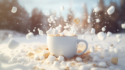 Close-up of a marshmallow falling into a cup of hot cocoa and making a splash.Generative AI - obrazy, fototapety, plakaty