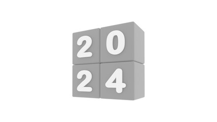 happy new year 2024,, 2024 new year, 3d illustration of 2024 grey dices 2024 on white background with empty space for text, New year wishes greeting card
