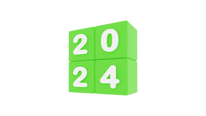 happy new year 2024,, 2024 new year, 3d illustration of 2024 green dices 2024 on white background with empty space for text, New year wishes greeting card