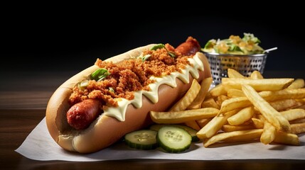 Frikandel in bun and Belgian fries, food photo, generative ai