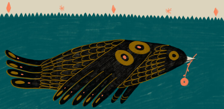 Colorful bird flying on white and blue background