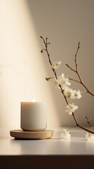 A white candle sitting on top of a table