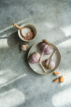 Garlic and salt overhead shot