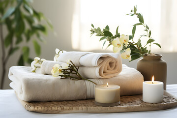 Fototapeta na wymiar Towels with herbal bags and beauty treatment items setting in spa center in white room