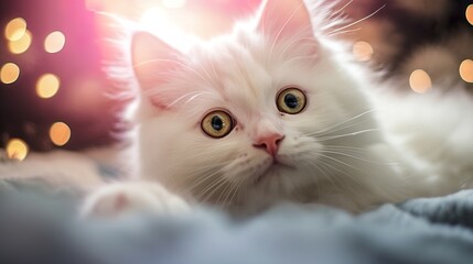 Small and cute white kitten photo in sunlight, generative ai