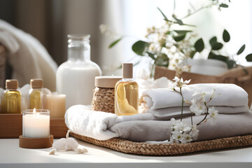 Obraz na płótnie Canvas Towels with herbal bags and beauty treatment items setting in spa center in white room