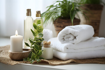 Towels with herbal bags and beauty treatment items setting in spa center in white room