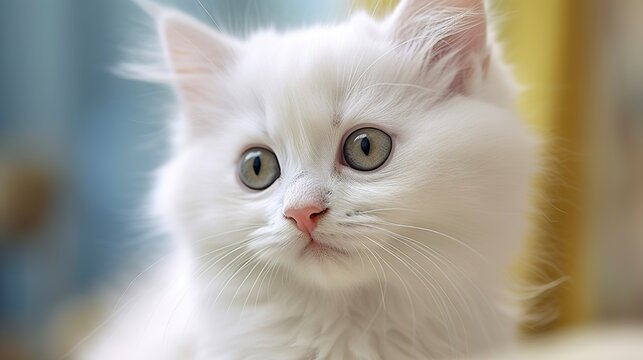 Small and cute white kitten photo in sunlight, generative ai