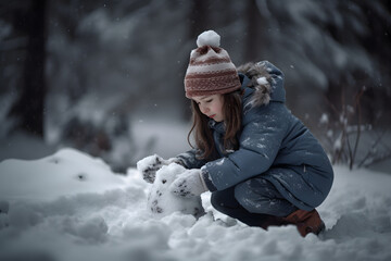 Fototapeta na wymiar Young child building snowman during winter season