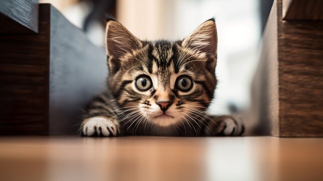 Small and cute tabby kitten photo in sunlight, generative ai