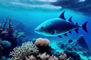 Fototapeta premium Underwater coral reef landscape with fish, generative ai, in the deep blue ocean with colorful marine life