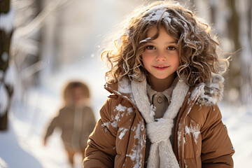 Cute portrait of snow-covered little girl in the winter season outdoors
