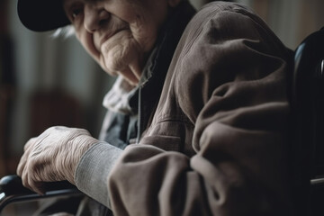 Elderly female patient in outer garments is sitting in wheelchairr in senior center.