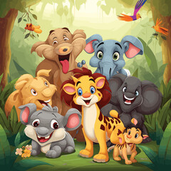 Group of happy animals cartoon in the jungle illustration