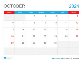 October 2024 template-Calendar 2024 design , Desk Calendar 2024 template, Planner simple, Week starts Sunday, Stationery, Wall calendar, printing, advertisement, vector illustration