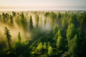 Misty foggy mountain landscape with fir forest and copyspace in vintage retro hipster style. Neural network AI generated art