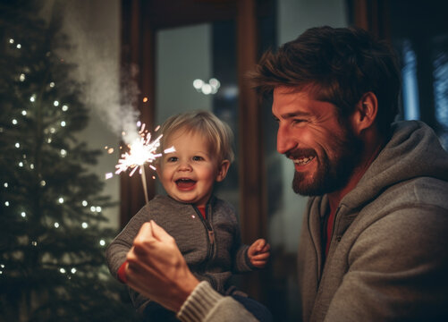 AI generative image of happy father and his little adorable son having fun with sparkler at home