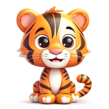 Cute Tiger, Cartoon Animal Toy Character, Isolated On White Background