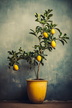 Generative AI illustration of lemon tree with ripe fruits stands in a distressed yellow pot against a textured gray blue backdrop