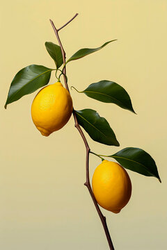 Generative AI illustration of two ripe lemons hanging gracefully from slender branch adorned with lush green leaves against a soft beige background