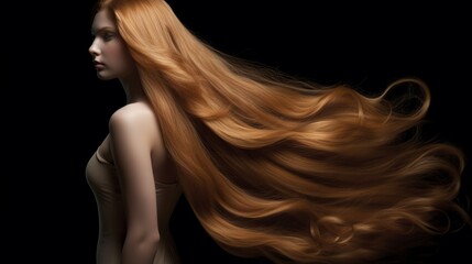 Naklejka premium Very long healthy hair advertisement, light brown long hair with reddish undertones, young beautiful white woman model, generative ai