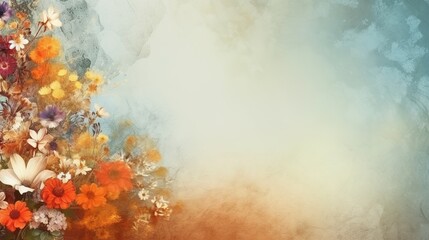 Watercolor painted happy colorful spring flowers background banner with empty copyspace for text, generative ai
