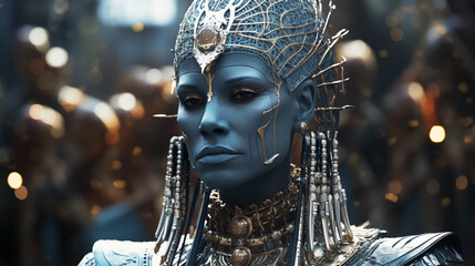 Anunnaki Princess - Blue Alien Human Hybrid looking  Female in Elegant jewellery 