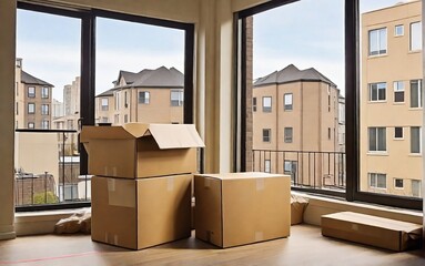 moving boxes in new home or apartment. Cardboard boxes and cleaning things for moving into a new home. Cardboard boxes inside apartment of new shifting created with generative ai