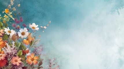 Watercolor painted happy colorful spring flowers background banner with empty copyspace for text,...