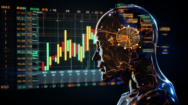AI crypto trade artificial technology business background robot bot digital concept stock. Semiconductor crypto intelligence ai computer trade chip money finance 3D data analysis cyber currency market