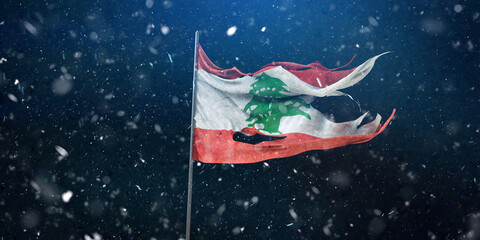 Lebanon, Lebanese Republic, the torn flag waving in the wind and storm. 3D Design.