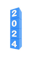 happy new year 2024,, 2024 new year, 3d illustration of 2024 blue dices 2024 on white background with empty space for text, New year wishes greeting card, png transparent