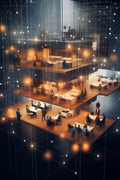 generate a 3D X-ray of an office building with many working people on their desks in it. Overlay the image with abstract plexus featuring a mesmerizing interplay of lines and dots
