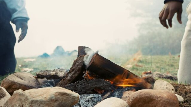 Fire, camping and nature with wood burning in the morning closeup for warmth or heat in the wilderness. Smoke, flame and survival with wooden charcoal in the forest or woods during an adventure camp