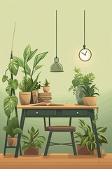 A desk with a lot of house plants. illustration. Generative AI