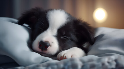 Naklejka na ściany i meble close up of a sleepy bernese mountain dog puppy sleeping on a couch with blankets