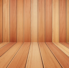 Interior scene of wooden wall and floor.