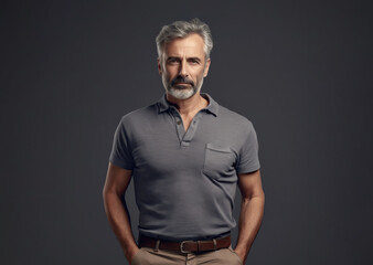 Fototapeta na wymiar A middle-aged man in a stylish gray polo and trousers poses against a dark background. His look is confident and calm. His beard and hair are partially gray, which adds to his charm and masculinity