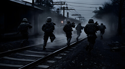armed army soldiers with uniform and helmets running on train tracks
