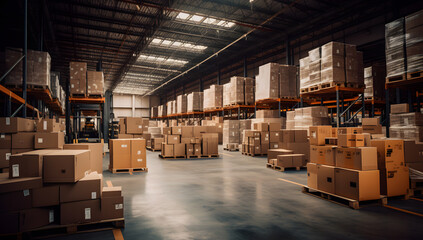 large warehouse with many packages and boxes in racks and shelves
