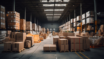 large warehouse with many packages and boxes in racks and shelves