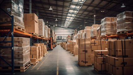 large warehouse with many packages and boxes in racks and shelves