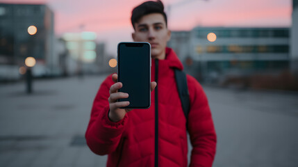 young male person showing his mobile phone to the camera