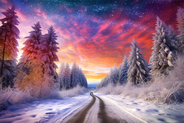 Road leading towards colorful sunrise between snow covered trees with epic milky way on the sky. Winter landscape. High quality photo