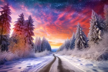 Fototapeten Road leading towards colorful sunrise between snow covered trees with epic milky way on the sky. Winter landscape. High quality photo © Starmarpro
