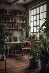 Fototapeta na wymiar The interior of the workplace is surrounded by a lot of home plants. Eco-friendly. AI generating