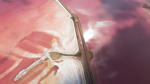 Top view of landscape with pink lake